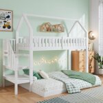 Lit superpos 90x200 / 140x190 cm lit enfant avec escalier, protection antichute et barreaux, cadre en ...