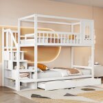 Lit superpos 90x200 cm, lit enfant 2 places avec tiroirs, chelle de rangement et barrires, en bois ...