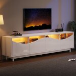 Okwish - meuble tv blanc brilliant de salon avec tiroirs, porte en verre tremp� et �clairage led, pour ...