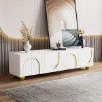 Okwish - meuble tv blanc 170 cm, buffet bas avec pieds ronds dors et tagres, ouverture par pression, ...