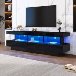 Okwish - meuble tv noir brillant pour tlviseur 70 pouces, buffet bas avec 3 compartiments en verre ...