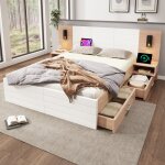 Okwish - lit adulte 140x200 cm lit double avec 2 tiroirs, 2 table de chevet, lampe de lecture et charge ...