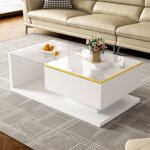 Okwish - table basse blanche brillante avec plateau en verre et effect led, 90x50x33 cm