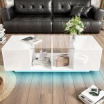 Okwish - table basse blanche avec éclairage led, plateau brillant Okwish - table basse blanche avec éclairage led, plateau brillant