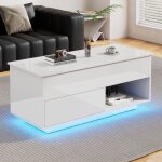 Okwish - table basse blanche  plateau relevable haute brillance avec clairage ledf et 1 tiroir, 100x50x55 ...