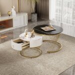 Okwish - ensemble de 2 tables basses gigognes noire et blanche, palcage de marbre, table ronde avec tiroirs ...