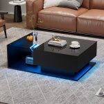 Okwish - table basse carr�e noire brillante avec plateaux en verre, tiroirs et �clairage led, table de ...