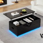 Table basse noire brillante, table d'appoint avec clairage led, espace de rangement cach et lvateur ...