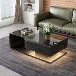 Okwish - table basse noire brillante, tables d'appoint, table de salon avec plateau en verre et effet ...
