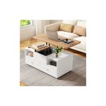 Okwish - table basse relevable blanc avec 4 tiroirs, table de salon mobile avec roulettes universelles, ...