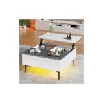 Okwish - table basse relevable blanche brilante, table de salon avec rangement et tagres, 70x70x35 ...