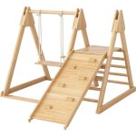 Okwish - toboggan 3 en 1 avec portique d'escalade, balanoire, jouet pour enfants en bois, 124x174x110 ...