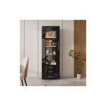 Okwish - vitrine noire brillante en verre, meuble de rangement avec / clairage led et 3 tiroirs, 60x35x180 ...