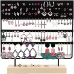 Organisateur de bijoux avec base en bois, support pour boucles d'oreilles suspendues, 144 trous (noir) ...