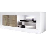 Otello - meuble tv 1 portes 2 niches blanc laqu� et aspect bois antik avec leds