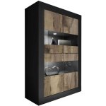 Otello - vitrine 4 portes finition noir mat et aspect bois antik avec leds