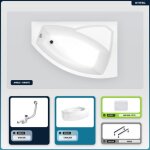 Baignoire asym�trique - 140 x 90 cm - droite - avec tablier - pieds - repose - t�te - vidage chrome - ...