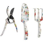 Kit 3 outils de jardin - scateur, transplantoir, griffe  main - alu mtal blanc motif fleurs