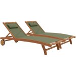 Oviala - lot de 2 bains de soleil en bois inclinable avec roues vert sauge