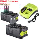 Pdstation - pack de 2 batteries p108 8, 0 ah et chargeur pour batteries ryobi 18 v p108, p102, p104, ...