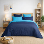 Pack harmonie 6 pi�ces marine & turquoise ? coton 57 fils ? housse 240x220 + drap housse 140x190
