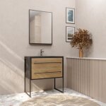 Aurlane - pack meuble salle de bain 80 cm noir mat & bois 2 tiroirs - vasque noire effet pierre - miroir ...