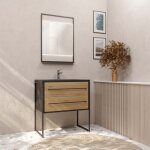 Aurlane - pack meuble salle de bain 80 cm noir mat & bois 2 tiroirs - vasque noire effet pierre - miroir ...