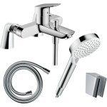 Pack mitigeur bain m�canique hansgrohe logis + pommeau crometta ecosmart + flexible isiflex + support ...