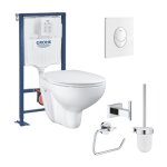 Pack wc suspendu sans bride grohe bau ceramic + bti support solido + abattant + plaque ovale blanc + ...
