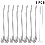 Pailles cuill�res inoxydables r�utilisables, lot de 8, pailles m�talliques avec cuill�re int�gr�e