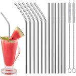 Pailles inox r�utilisables lot de 12 droites et courb�es, brosses nettoyage, cocktails milkshakes caf� ...