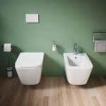 Paire de sanitaires suspendus en c�ramique blanche opaque wc sans rebord avec si�ge � fermeture progressive ...