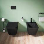 Paire de sanitaires suspendus en céramique noir mat wc sans rebord avec siège à fermeture progressive ... Paire de sanitaires suspendus en céramique noir mat wc sans rebord avec siège à fermeture progressive ...