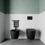Paire de sanitaires suspendus en c�ramique sans rebord, noir mat, avec wc, bidet et couvercles soft - ...