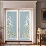 Paire de vitrages frang�s en dentelle oiseaux et fleurs vert 60x120 cm