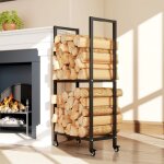 Panier � bois - �tag�re m�tallique 2 niveaux - int�rieur - transport facile - roulettes - noir - 60x30x119(cm) ...