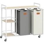 Panier � linge, 2 compartiments, corbeille � linge 100 l, bac, roulettes, chariot avec �tag�res, sac, ...