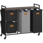 Vasagle ? panier � linge 150 l ? 4 compartiments avec �tag�res et poches lat�rales ? acier et tissu oxford ...