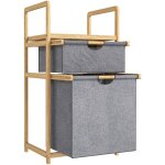 Panier  linge en bambou - panier  linge 2 bacs et tagre - panier  linge double - tissu gris