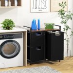 Panier  linge avec etagre et 3 sacs amovibles, panier  linge avec compartiments coulissants, pieds ...