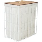 Panier � linge moderne en m�tal avec couvercle amovible en bambou blanc et bois clair mirissa