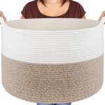 Panier linge osier 83l d55xh35, corde coton main, poign�es, rangement jouets / couches, marron