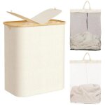Panier � linge sale pliable, 140l panier a linge 2 compartiment, bac a linge sale avec poign�es en bambou, ...