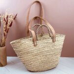 Panier en palmier fait � la main avec longues anses cuir et