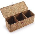 Panier rangement jonc de mer avec couvercle rectangulaires malle en osier avec , compartiment pour organiser ...