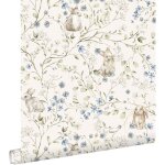 Estahome - papier peint lapins beige, vert, bleu et blanc