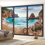 Papier peint panoramique trompe l'oeil baie vitr�e - plage - 130 cm x 78 cm