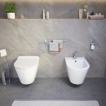 Paire de sanitaires suspendus en céramique blanc brillant wc sans rebord siège soft - close et bidet ... Paire de sanitaires suspendus en céramique blanc brillant wc sans rebord siège soft - close et bidet ...