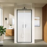Porte de douche 80cm avec ouverture saloon slim profiles en aluminium noir opaque 6mm verre transparent ...