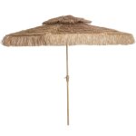 Parasol droit style hawa�en - parasol � franges raphia diam�tre 294 cm - manivelle m�tal marron clair ...